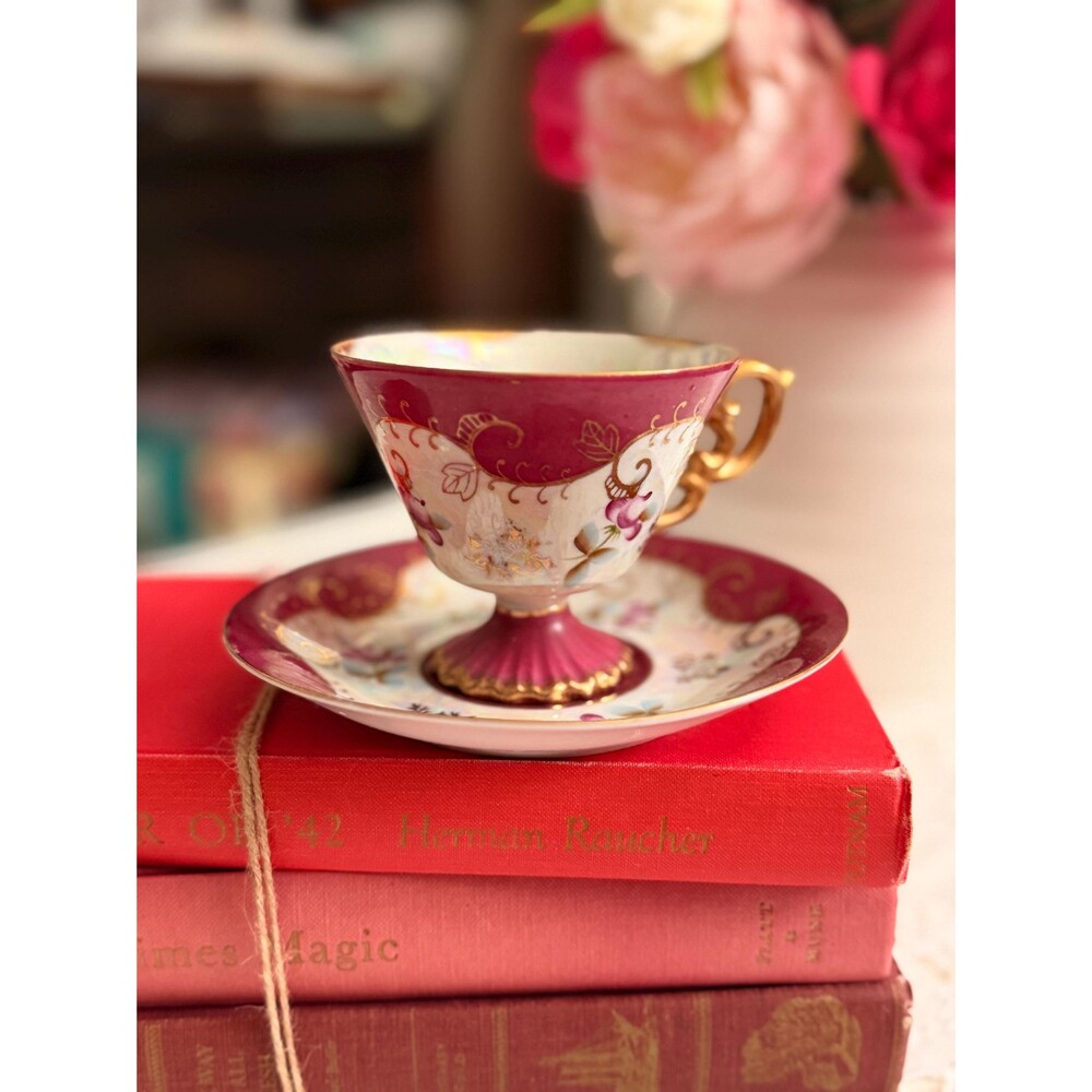Royal Sealy Lusterware Teacup Saucer, Ruby Red Pedestal China, Gold Gilt Cottage